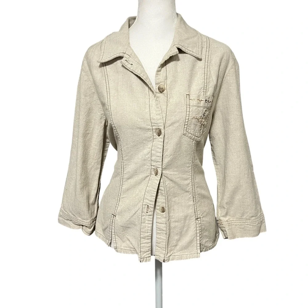 Bobbie Brooks Y2K‎ Embroidered Cotton Jacket Button Front 3/4 Sleeve Oatmeal L